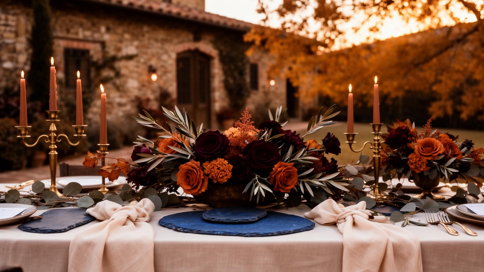 Autumn wedding tablescape at golden hour